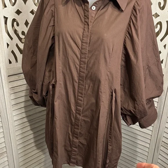 Size M Reminiscene Brown Puffy Sleeve Tie Waist Shirt Dress - Picture 6 of 16